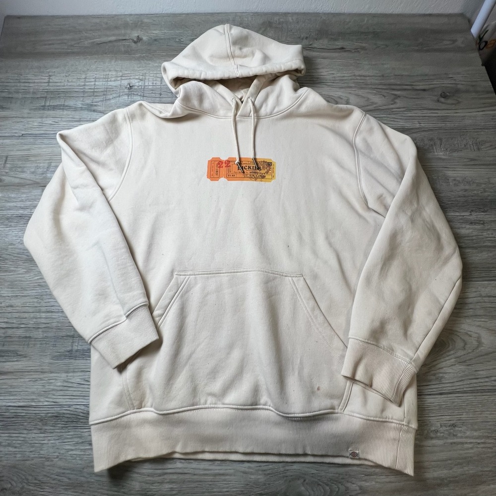 Dickies Hoodie Mens Medium Cream Ticket Graphic Fleece Pullover TWR43SN9